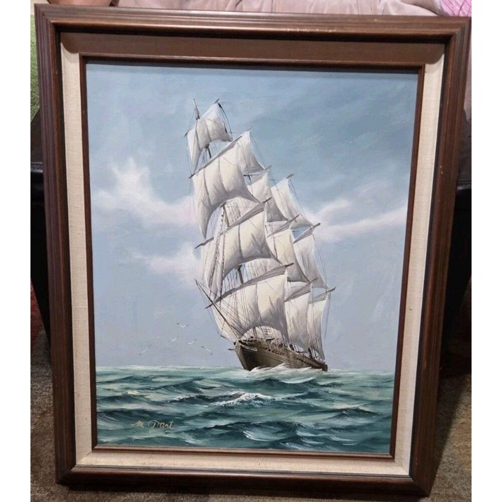 M Grant Original Oil Painting Maritime Sailing Ship Mid-century Signed Framed